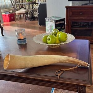 Vintage polished bull horn / dog caller / farmhouse decor with leather strap